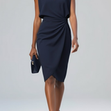 Women's Keyhole Neck Midi Dress - Ruched Waist and Cap Sleeves