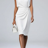 Women's Keyhole Neck Midi Dress - Ruched Waist and Cap Sleeves