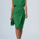 Women's Keyhole Neck Midi Dress - Ruched Waist and Cap Sleeves