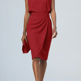 Women's Keyhole Neck Midi Dress - Ruched Waist and Cap Sleeves