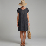 Women's Linen Mini Dress - Short Sleeve with Front Pockets