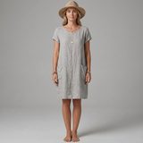 Women's Linen Mini Dress - Short Sleeve with Front Pockets