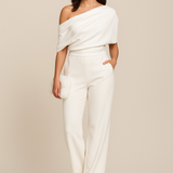 Women's Off-the-Shoulder Wide Leg Jumpsuit - Draped Bodice and High Waist