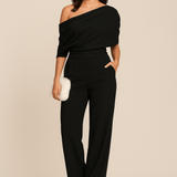 Women's Off-the-Shoulder Wide Leg Jumpsuit - Draped Bodice and High Waist