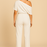 Women's Off-the-Shoulder Wide Leg Jumpsuit - Draped Bodice and High Waist