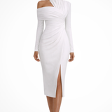 Women's One Shoulder Midi Dress Ruched Asymmetric Wedding Guest