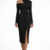 Women's One Shoulder Midi Dress Ruched Asymmetric Wedding Guest