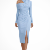 Women's One Shoulder Midi Dress Ruched Asymmetric Wedding Guest