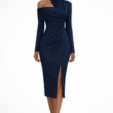 Women's One Shoulder Midi Dress Ruched Asymmetric Wedding Guest