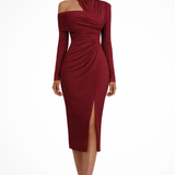 Women's One Shoulder Midi Dress Ruched Asymmetric Wedding Guest