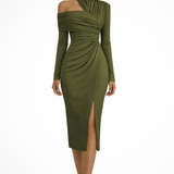 Women's One Shoulder Midi Dress Ruched Asymmetric Wedding Guest
