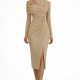 Women's One Shoulder Midi Dress Ruched Asymmetric Wedding Guest