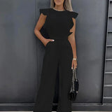 Women’s Ruffled Sleeve Wide Leg Jumpsuit - Adjustable Waist Tie