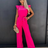 Women’s Ruffled Sleeve Wide Leg Jumpsuit - Adjustable Waist Tie