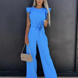Women’s Ruffled Sleeve Wide Leg Jumpsuit - Adjustable Waist Tie