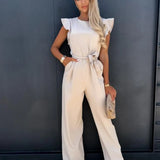 Women’s Ruffled Sleeve Wide Leg Jumpsuit - Adjustable Waist Tie