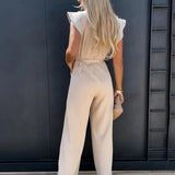 Women’s Ruffled Sleeve Wide Leg Jumpsuit - Adjustable Waist Tie