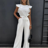 Women’s Ruffled Sleeve Wide Leg Jumpsuit - Adjustable Waist Tie