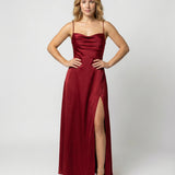 Women's Satin Cowl Neck Maxi Dress - Lace-Up Back and Side Slit