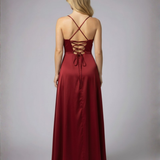 Women's Satin Cowl Neck Maxi Dress - Lace-Up Back and Side Slit