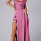Women's Satin Cowl Neck Maxi Dress - Lace-Up Back and Side Slit