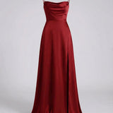 Women's Satin Cowl Neck Maxi Dress - Lace-Up Back and Side Slit