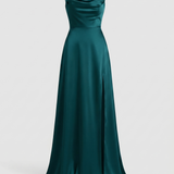 Women's Satin Cowl Neck Maxi Dress - Lace-Up Back and Side Slit