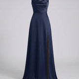 Women's Satin Cowl Neck Maxi Dress - Lace-Up Back and Side Slit