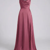 Women's Satin Cowl Neck Maxi Dress - Lace-Up Back and Side Slit