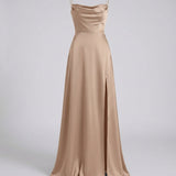 Women's Satin Cowl Neck Maxi Dress - Lace-Up Back and Side Slit