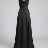Women's Satin Cowl Neck Maxi Dress - Lace-Up Back and Side Slit