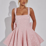 Women’s Sequin Prom Mini Dress - Square Neck A-Line and Back Bow