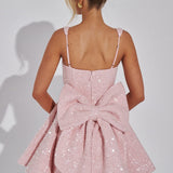 Women’s Sequin Prom Mini Dress - Square Neck A-Line and Back Bow