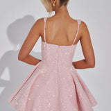 Women’s Sequin Prom Mini Dress - Square Neck A-Line and Back Bow