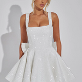 Women’s Sequin Prom Mini Dress - Square Neck A-Line and Back Bow