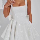 Women’s Sequin Prom Mini Dress - Square Neck A-Line and Back Bow