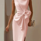 Women's Sleeveless Midi Dress - Boat Neck with Side Bow Detail