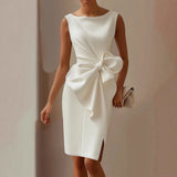 Women's Sleeveless Midi Dress - Boat Neck with Side Bow Detail