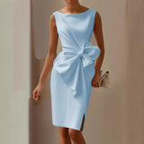 Women's Sleeveless Midi Dress - Boat Neck with Side Bow Detail