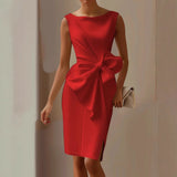 Women's Sleeveless Midi Dress - Boat Neck with Side Bow Detail