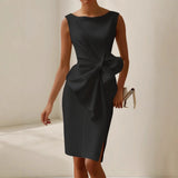 Women's Sleeveless Midi Dress - Boat Neck with Side Bow Detail
