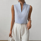 Women's Sleeveless Stand Collar Top - Striped Pattern Style