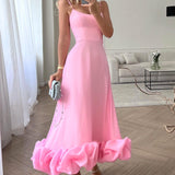 Women's Spaghetti Strap High-Waist Midi Dress - Ruffled Hem Style