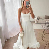 Women's Spaghetti Strap High-Waist Midi Dress - Ruffled Hem Style