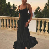 Women's Spaghetti Strap High-Waist Midi Dress - Ruffled Hem Style