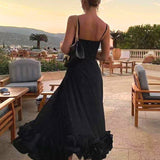 Women's Spaghetti Strap High-Waist Midi Dress - Ruffled Hem Style