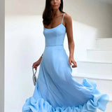 Women's Spaghetti Strap High-Waist Midi Dress - Ruffled Hem Style