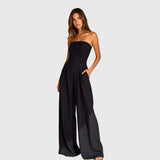 Women's Strapless Jumpsuit - Wide Leg Design and Pleated Waist Detail