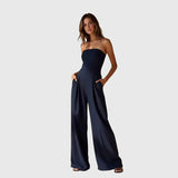Women's Strapless Jumpsuit - Wide Leg Design and Pleated Waist Detail
