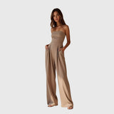 Women's Strapless Jumpsuit - Wide Leg Design and Pleated Waist Detail